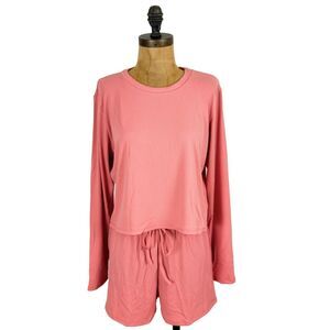 CAPELLA Pajama Loungewear Set M Ribbed Pink Knit Long Sleeve Top / Shorts NWT B1